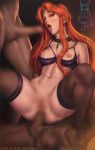  1girl 2boys abs anal arm_support bottomless breast_cutout breasts castlevania censored collar collarbone dark_skin erection fangs girl_on_top lenore_(castlevania) limgae long_hair lying multiple_boys navel nipples open_mouth pale_skin penis red_eyes red_hair sex spitroast spread_legs standing teeth testicles thighhighs tongue tongue_out 