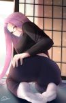  1girl artist_request ass backlighting bangs bent_over black_sweater blue_pants blush breasts closed_mouth denim fate/stay_night fate_(series) feet forehead glasses highres jeans kneeling large_breasts long_hair long_sleeves looking_at_viewer looking_back pants parted_bangs purple_eyes purple_hair rider shouji sliding_doors smile socks solo sweater thighs very_long_hair 