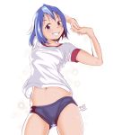  1girl alternate_costume arms_behind_head blue_buruma blue_eyes blue_hair blush breasts buruma contrapposto cowboy_shot looking_at_viewer mahou_shoujo_madoka_magica medium_breasts midriff_peek miki_sayaka mr_nini navel shirt short_hair smile solo stretch sweat t-shirt white_background 