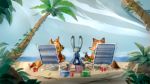  2019 anthro beach brown_body brown_fur canid canine chair clothed clothing detailed_background disney fan_character fox fur furniture grey_body grey_fur group judy_hopps lagomorph leporid looking_at_another mammal megan_fawkes nick_wilde outside palm_tree rabbit red_fox ruffu sand sea seaside ship sitting smile swimming_trunks swimwear topless tree vehicle water watercraft zootopia 