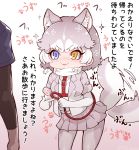  1girl :3 =3 afterimage animal_ears blue_eyes blush commentary_request cowboy_shot disembodied_limb dog_(mixed_breed)_(kemono_friends) dog_ears dog_girl dog_tail elbow_gloves eyebrows_visible_through_hair fur_trim gloves grey_fur grey_hair grey_jacket grey_legwear grey_skirt harness heterochromia highres jacket kemono_friends leash multicolored_hair pantyhose paw_print pleated_skirt scarf short_hair short_sleeves skirt sparkle swimsuit tail tail_wagging tanaka_kusao translation_request two-tone_hair white_gloves white_hair white_scarf white_swimsuit yellow_eyes 