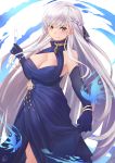  1girl absurdres after3310 azur_lane belfast_(azur_lane) belfast_(the_noble_attendant)_(azur_lane) blue_dress blue_gloves blush bracelet braid breasts center_opening cleavage closed_mouth commentary cowboy_shot criss-cross_halter cup dress drinking_glass elbow_gloves eyebrows_visible_through_hair flower french_braid gloves hair_between_eyes halterneck highres jewelry large_breasts long_hair looking_at_viewer purple_eyes signature silver_hair simple_background smile solo white_background wine_glass 
