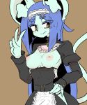  2019 4_fingers amboyna annabelle_(amboyna) anthro areola big_breasts blue_body blue_fur blue_hair blush breasts brown_background brown_eyes clothed clothing ear_tuft exposed_breasts eye_through_hair felid feline female fingers fur gesture hair hand_on_hip hi_res kemono long_hair looking_at_viewer maid_uniform mammal nipples simple_background smile solo standing translucent translucent_hair tuft uniform v_sign yellow_eyes 