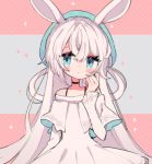  1girl animal_ears blue_eyes bunny_ears clarevoir commentary_request dress eyelashes flat_chest looking_at_viewer original solo upper_body white_dress white_hair white_theme 