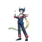  1boy black_footwear black_hair byte_(grunty-hag1) commentary_request giima_(pokemon) male_focus pants pointing pokemon shoes simple_background smirk standing white_background 