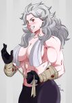  1girl abs absurdres artist_name bandages blood breasts cleavage clenched_hand collarbone commentary dorohedoro ear_piercing earrings grin hand_wraps highres iaranaika jewelry large_breasts long_hair looking_at_viewer muscle muscular_female noi_(dorohedoro) pants piercing portuguese_commentary red_eyes simple_background smile solo standing sweat sweatdrop tall tall_female teeth topless towel towel_around_neck upper_body 