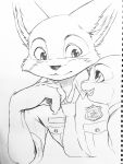  2017 ambiguous_gender anthro canid canine cheek_tuft clothed clothing disney dogear218 duo facial_tuft fox fur hi_res inner_ear_fluff judy_hopps lagomorph leporid looking_at_another mammal monochrome necktie nick_wilde open_mouth open_smile police_uniform rabbit red_fox shirt smile topwear tuft uniform zootopia 