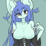  1:1 2019 4_fingers amboyna annabelle_(amboyna) anthro big_breasts blue_hair blush bodily_fluids breasts clothed clothing ear_tuft exposed_breasts eye_through_hair featureless_breasts felid feline female fingers green_background hair kemono long_hair looking_at_viewer mammal simple_background standing sweat topwear translucent translucent_hair tuft yellow_eyes 