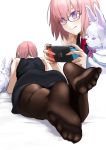  1girl asakura_kukuri ass black_dress blush breasts brown_legwear closed_mouth creature dress fate/grand_order fate_(series) feet fou_(fate/grand_order) glasses hair_over_one_eye handheld_game_console highres holding_handheld_game_console lavender_hair legs licking_lips lying mash_kyrielight multiple_views necktie nintendo nintendo_switch on_stomach pantyhose pov_feet purple_eyes red_neckwear short_hair sleeveless sleeveless_dress smile soles toes tongue tongue_out 
