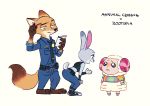  2020 animal_crossing anthro bibio bovid brown_body brown_fur canid canine caprine clothed clothing crossover disney dom_(animal_crossing) english_text fox fully_clothed fur grey_body grey_fur group hi_res judy_hopps lagomorph leporid mammal nick_wilde nintendo open_mouth open_smile rabbit red_fox sheep simple_background smile standing text video_games zootopia 