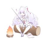  1girl azur_lane ballet_slippers blue_eyes campfire double_bun drooling fire flat_chest food full_body hair_ribbon highres hina_(bird_salty) holding holding_sword holding_weapon log long_hair long_sleeves marshmallow open_mouth pantyhose rapier ribbon saliva silver_hair sitting sitting_on_log skirt solo sword tutu very_long_hair weapon white_legwear white_skirt 