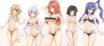  5girls ahoge amou_kanade arm_behind_head bikini black_bikini black_hair blonde_hair blue_bikini blue_eyes blue_hair blush breasts closed_mouth collarbone eyebrows_visible_through_hair green_eyes grin groin hair_ornament hair_ribbon hand_on_hip highres kazanari_tsubasa kohinata_miku large_breasts long_hair looking_at_viewer multiple_girls navel one_eye_closed parted_lips purple_eyes r-binon red_bikini red_eyes red_hair ribbon senki_zesshou_symphogear shiny shiny_hair shiny_skin short_hair simple_background smile standing standing_on_one_leg swimsuit swimwear tachibana_hibiki_(symphogear) teeth tongue tongue_out twintails white_background white_bikini white_hair yellow_bikini yellow_eyes yukine_chris 