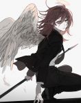  1boy angel angel_devil_(chainsaw_man) angel_wings arms_at_sides black_jacket black_neckwear black_pants brown_hair business_suit chainsaw_man ebanoniwa expressionless feathered_wings feathers formal halo highres holding holding_spear holding_weapon jacket long_hair long_sleeves looking_at_viewer male_focus necktie open_mouth pants polearm shaded_face shirt shirt_tucked_in sitting solo spear standing suit sunlight weapon white_shirt wind wings 