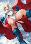  1girl 55level absurdres ahoge bangs belt blonde_hair blue_eyes blue_footwear blue_gloves blue_sky boots breasts cape cleavage cleavage_cutout clenched_hand closed_mouth cloud cloudy_sky commentary_request day dc_comics gloves hands_up highres knee_boots large_breasts leotard lips long_sleeves outdoors power_girl red_cape shiny shiny_hair shiny_skin short_hair simple_background sky solo thighs white_leotard 