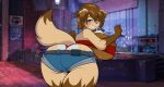  anthro areola blue_eyes blush bottomwear breasts brown_hair brown_nipples canid canine canis clothing concert crop_top domestic_dog female hair jeans looking_at_viewer mammal mastergodai nipple_slip nipples pants shirt short_jeans smile smiling_at_viewer solo topwear twerking 