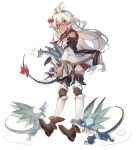  1girl achan_(blue_semi) ahoge blush boots bow dark_skin detached_sleeves dragon full_body granblue_fantasy hair_bow holding_creature red_bow red_eyes simple_background solo tail tail_bow thighhighs white_background white_hair zooey_(granblue_fantasy) 