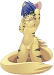 2020 alpha_channel anthro blue_hair digital_media_(artwork) featureless_crotch green_eyes hair hi_res male rudragon simple_background solo standing transparent_background 