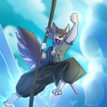  2020 absurd_res anthro battlecry canid canine canis clothed clothing cloud digital_media_(artwork) fist galo hi_res jumping male mammal sky solo water wave wolf ych_(character) 