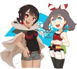  bike_shorts black_hair black_shirt blue_eyes breasts brown_hair cloak dark_skin haruka_(pokemon) higana_(pokemon) looking_at_viewer multiple_girls nyonn24 open_mouth pokemon pokemon_(game) pokemon_oras shirt smile 