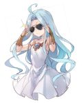  &gt;:) 1girl achan_(blue_semi) ahoge bangs blue_hair choker closed_mouth dress granblue_fantasy hands_up highres long_hair looking_at_viewer lyria_(granblue_fantasy) parted_bangs simple_background sleeveless sleeveless_dress smile smug solo sparkle sunglasses twitter_username white_background white_dress 