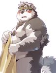  2019 anthro belly blush butt canid canine canis garouzuki hi_res horkeukamui humanoid_hands male mammal moobs nipples overweight overweight_male simple_background solo tokyo_afterschool_summoners towel video_games white_background wolf 