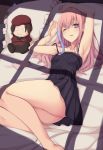  1girl armpits arms_up bare_legs bare_shoulders black_camisole cellphone collarbone commentary girls_frontline hair_between_eyes highres long_hair looking_at_viewer lying magatsuizanagi000 multicolored_hair one_eye_closed parted_lips phone pillow pink_hair purple_eyes solo spaghetti_strap st_ar-15_(girls_frontline) streaked_hair window_shade 
