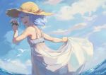  1girl :d artist_name bird blue_eyes blue_hair cloud commentary day dress flower from_behind gsong-chan hat highres holding holding_flower hololive hoshimachi_suisei looking_at_viewer looking_back open_mouth outdoors short_hair skirt_hold sky smile solo straw_hat sundress virtual_youtuber water 