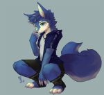  anthro blue_background blue_body blue_eyes blue_fur blue_hair canid canine claws clothed clothing crouching fur hair jacket jewelry linlvjia male mammal necklace simple_background solo topwear 