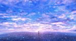 1girl ahoge backlighting capelet cloud cloudy_sky colorful dark dress fantasy field grass highres horizon landscape leaf light_particles long_hair looking_afar low-tied_long_hair original outdoors sakimori_(hououbds) scenery silhouette sky solo sunlight twilight wind 