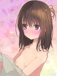  1girl :&lt; bangs bare_shoulders blush breasts brown_eyes brown_hair closed_mouth embarrassed eyebrows_visible_through_hair floral_background looking_away medium_hair miruriyurushi nipples one_side_up original shirt_removed small_breasts solo sweat sweaty_clothes undressing upper_body 