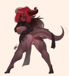  1girl anus ass breasts full_body grey_skin highres horns kanel large_breasts leaning_forward long_hair looking_at_viewer looking_back nipples original pussy red_eyes red_hair sinder_(kanel) solo tagme tail thick_thighs thighs white_background 