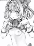  1girl bow braid breasts bright_pupils copyright_request eyebrows_visible_through_hair gloves greyscale hair_bow hands_up highres lock looking_at_viewer medium_breasts monochrome nanashi_(nlo74593630) nipples parted_lips simple_background solo upper_body white_background 