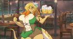  abs alcohol anthro bar beer beverage bite biting_lip biting_own_lip blonde_hair breasts cleavage clothed clothing cup dragon enthusiastic eyewear female fist glasses green_eyes hair horn long_hair mastergodai pint pub self_bite smile solo straining_clothing tray waiter 
