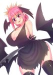  1girl :3 absurdres apron black_apron black_gloves blonde_hair breasts commentary_request demon_girl demon_wings fangs gloves highres juugoya_(zyugoya) kyuuketsu_sakura-chan large_breasts multicolored_hair pink_eyes pink_hair sakura_(kyuuketsu_sakura-chan) simple_background tied_hair white_background wings 