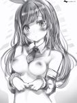  1girl a.i._channel blush bow breasts closed_mouth detached_collar detached_sleeves eyebrows_visible_through_hair greyscale hair_bow hairband head_tilt highres kizuna_ai long_hair long_sleeves looking_at_viewer medium_breasts mini_necktie monochrome nanashi_(nlo74593630) nipples own_hands_together solo upper_body wing_collar 