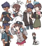  1girl 1oy ^_^ baseball_cap brown_eyes brown_hair charamells closed_eyes commentary creature dark_skin dark_skinned_male english_commentary english_text facing_another gen_8_pokemon hat highres holding_handheld_game_console hop_(pokemon) looking_at_another nintendo_switch on_head on_shoulder playing_games pokemon pokemon_(creature) pokemon_(game) pokemon_on_head pokemon_on_shoulder pokemon_swsh scorbunny short_hair simple_background sobble standing white_background wooloo yuuri_(pokemon) 