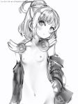  1girl blush breasts bright_pupils copyright_request greyscale hand_on_hip highres looking_at_viewer monochrome nanashi_(nlo74593630) navel nipples parted_lips short_hair simple_background small_breasts solo standing white_background 