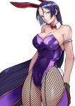  1girl 55level animal_ears bangs bare_shoulders breasts bunny_ears bunny_girl bunny_tail bunnysuit cleavage detached_collar fate/grand_order fate_(series) fishnet_legwear fishnets highres large_breasts leotard long_hair looking_at_viewer minamoto_no_raikou_(fate/grand_order) parted_bangs purple_eyes purple_hair simple_background solo strapless strapless_leotard tail very_long_hair white_background 