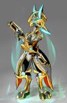  anthro anthrofied female glowing glowing_ears gold_(metal) green_eyes gun handgun hi_res lodi nyx_(warframe) pistol pose ranged_weapon simple_background solo standing video_games warframe weapon 