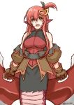  1girl :d alternate_hairstyle bare_shoulders blush breasts coat cosplay eyebrows_visible_through_hair fang finalcake gloves hair_between_eyes hair_ornament hairclip holding holding_weapon lamia large_breasts long_hair looking_at_viewer miia_(monster_musume) monster_girl monster_musume_no_iru_nichijou nan_(tales) nan_(tales)_(cosplay) open_mouth pointy_ears red_hair scales side_ponytail sidelocks simple_background sketch skirt smile solo spandex tail tales_of_(series) tales_of_vesperia weapon white_background yellow_eyes 