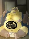  2020 anthro belly blush bodily_fluids brown_body brown_fur bulge canid canine clothing fur humanoid_hands kemono magatsuhinokami male mammal moobs navel nipples obese overweight overweight_male pubes raccoon_dog robe sengoku_puzzle sitting solo sweat tanuki tokugawa_ieyasu underwear undressing 