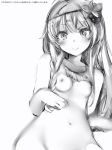  1girl blush braid breasts closed_mouth copyright_request greyscale groin hair_ornament highres jewelry long_hair looking_at_viewer monochrome nanashi_(nlo74593630) necklace nipples nude reclining simple_background small_breasts smile solo white_background 