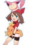  1girl animal_on_head bandana bike_shorts blue_eyes brown_hair cat cat_on_head gen_3_pokemon haruka_(pokemon) highres holding holding_bird holding_pokemon looking_at_viewer nyonn24 on_head open_mouth pokemon pokemon_(creature) pokemon_(game) pokemon_on_head pokemon_rse simple_background smile torchic white_background 