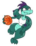  3_toes alligatorid anthro basketball black_eyes blue_body blue_skin bottomless caiman catie_the_caiman clothed clothing colored crocodilian female hair holding_object looking_up multicolored_body purple_hair reptile sarcolopter scalie shirt simple_background solo spiked_tail spikes tank_top toes topwear white_background white_clothing white_shirt white_topwear 