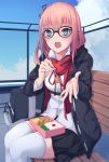  1girl bag black_jacket black_skirt blue_sky chopsticks commentary fence food girls_frontline glasses hair_ornament highres holding holding_chopsticks incoming_food jacket long_hair looking_at_viewer magatsuizanagi000 miniskirt multicolored_hair obentou open_clothes open_jacket open_mouth outdoors pink_hair red_scarf scarf school_uniform shirt sitting skirt sky solo st_ar-15_(girls_frontline) streaked_hair thighhighs white_legwear white_shirt 