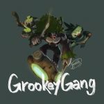  commentary_request creature english_text fangs full_body gen_8_pokemon grey_background grookey highres holding_drumsticks jumping jyunhh no_humans open_mouth pokemon pokemon_(creature) rillaboom simple_background thwackey 