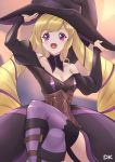  1girl alternate_costume blonde_hair breasts cleavage commission crossed_legs deekei elise_(fire_emblem) fire_emblem fire_emblem_fates hat highres long_hair long_sleeves multicolored_hair open_mouth purple_eyes purple_hair solo twintails witch witch_hat 