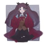  &gt;:) 1girl aaru_(kerogero1582) black_backpack black_bow blue_eyes blush border bow brown_hair coat cropped_legs fate_(series) hair_bow hands_on_hips highres homurahara_academy_uniform looking_at_viewer neck_ribbon red_coat ribbon sketch smile solo toosaka_rin twintails white_border 