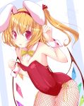  1girl animal_ears ass_visible_through_thighs blonde_hair blush bow bowtie bunny_ears bunny_girl commentary cowboy_shot crystal detached_collar fake_animal_ears fishnet_legwear fishnets flandre_scarlet hair_bow inasa_orange leotard looking_at_viewer open_mouth red_bow red_eyes red_leotard side_ponytail slit_pupils solo sweat sweatdrop touhou wings wrist_cuffs yellow_bow 