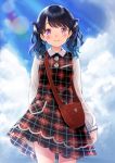  1girl bag bangs bashosho black_hair blue_sky cloud commentary_request dress fukumaru_koito handbag highres idolmaster idolmaster_shiny_colors lens_flare long_sleeves looking_at_viewer medium_hair plaid plaid_dress purple_eyes sky solo twintails 